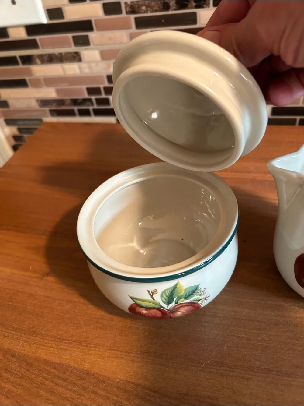 Vintage Cream Ceramic Creamer and Sugar Bowl with Red Apple Motif